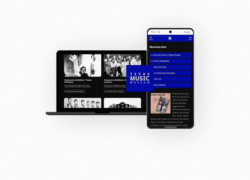 image of texas music museum website scrolling inside laptop and static image of website on a mobile phone