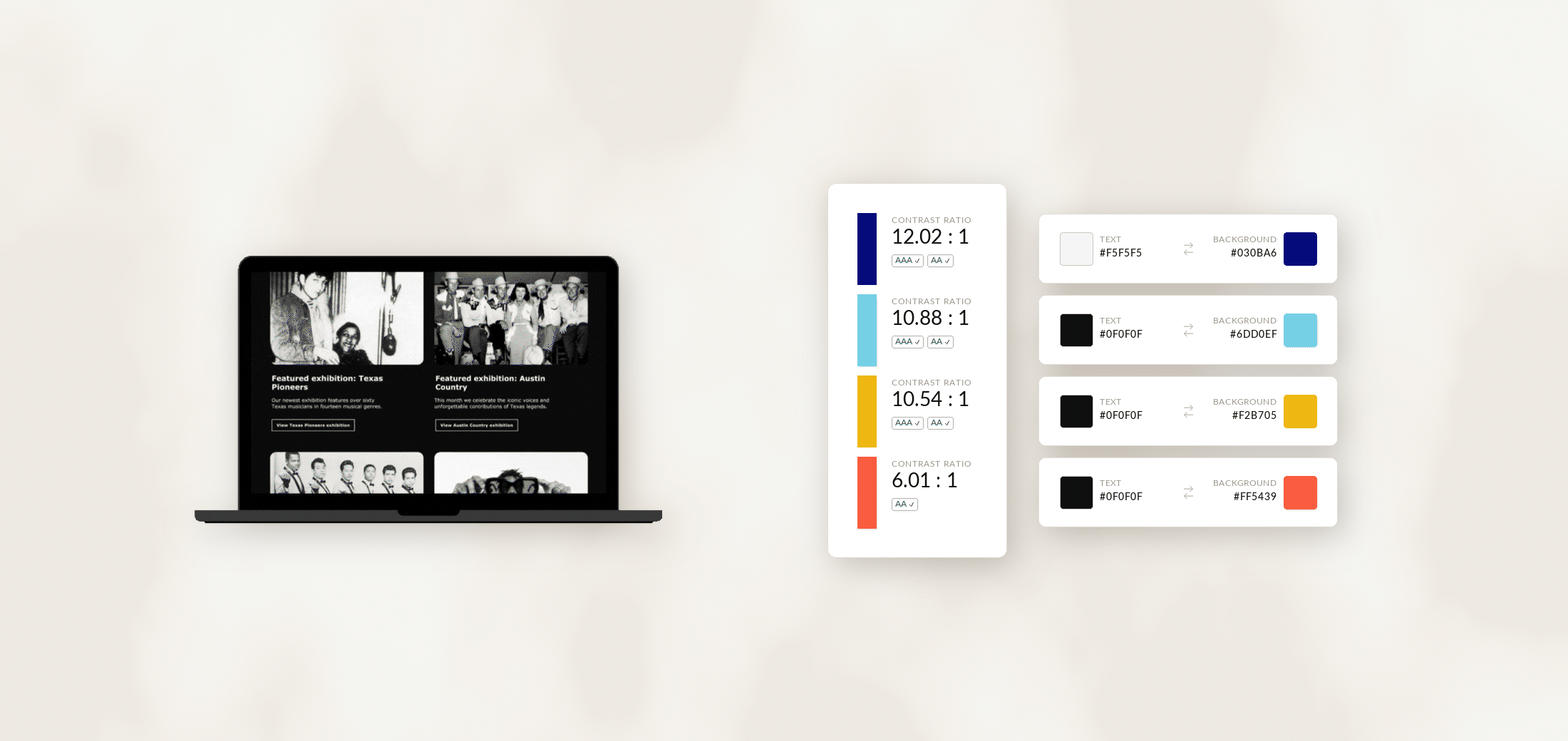 texas music museum website scrolling inside laptop, next to it are two images of a color scheme with accessibility color contrast details