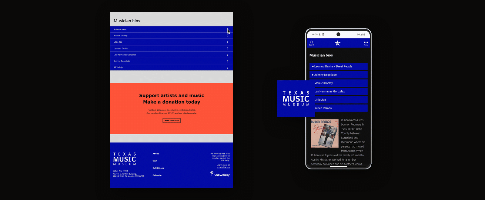 texas music museum site on desktop with accordion plugin opening and closing bios, shown next to it is plugin on a mobile device