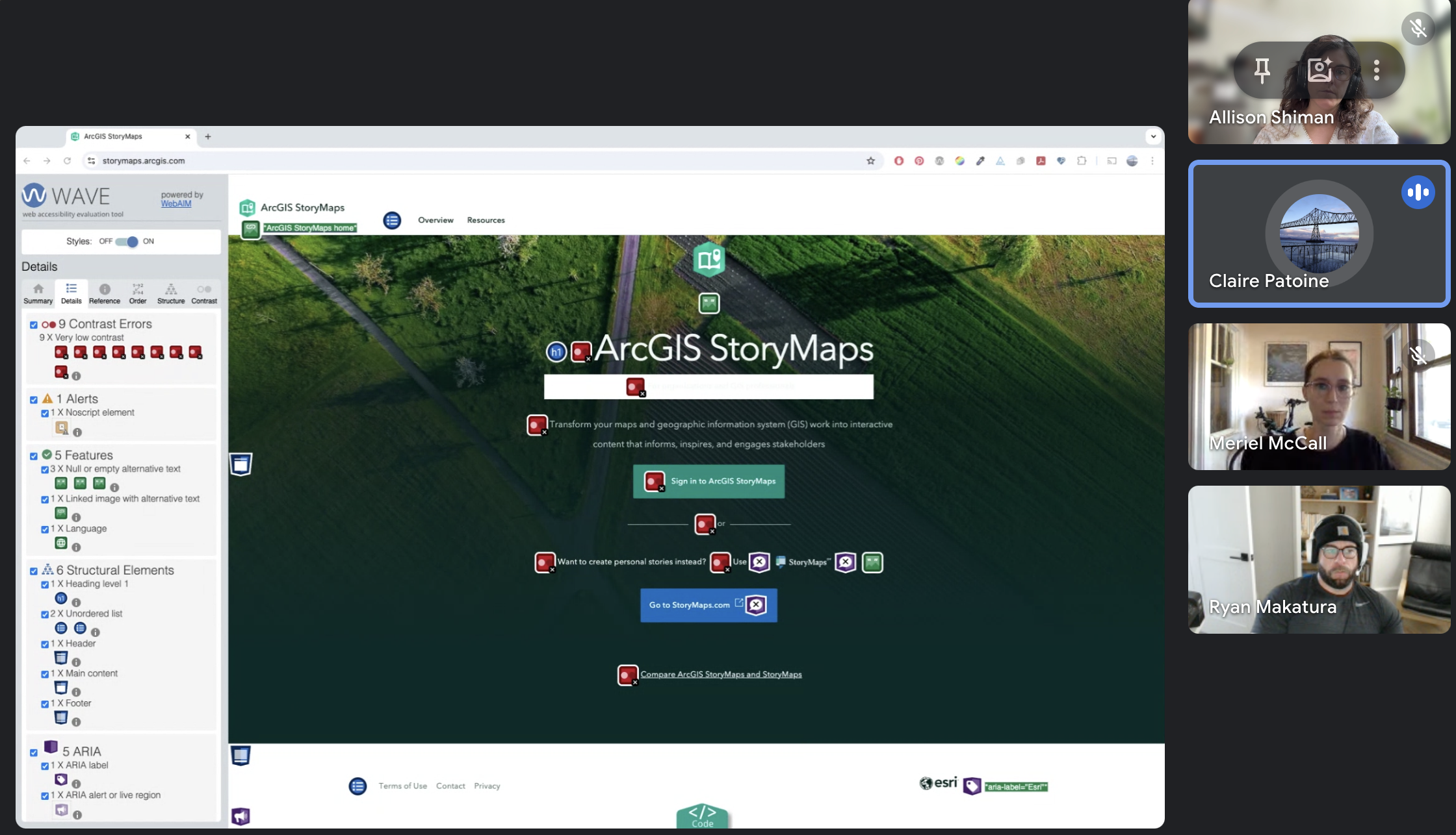 screenshot of team meeting discussing accessibility of storymaps plugin